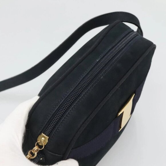 Salvatore Ferragamo Vala Shoulder Bag Suede Navy Gold Auth - Picture 6 of 16